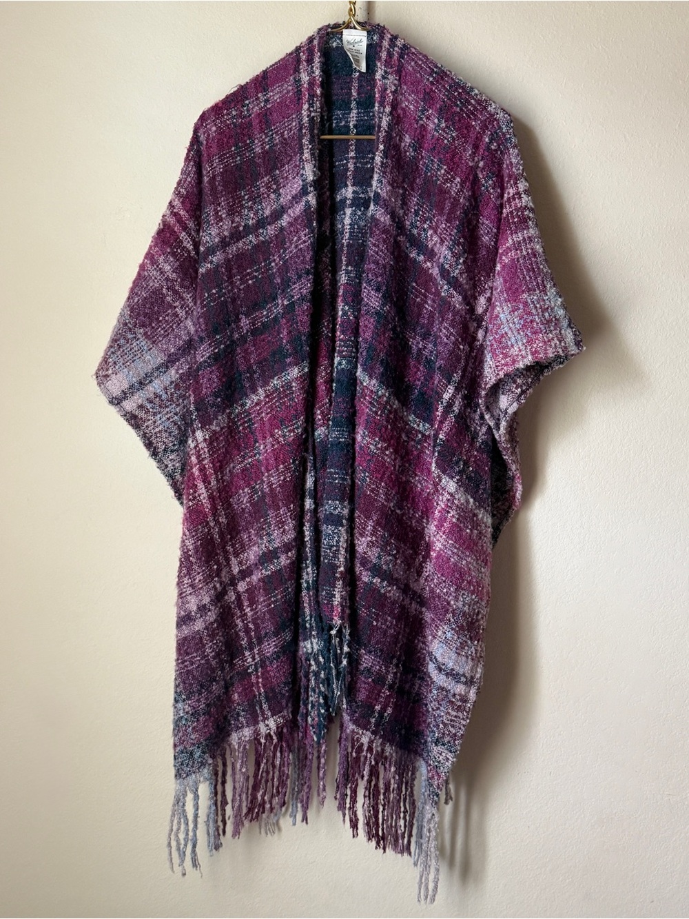 Woolrich Plaid Fringe Wrap Coatigan Open Poncho- Purple Pink